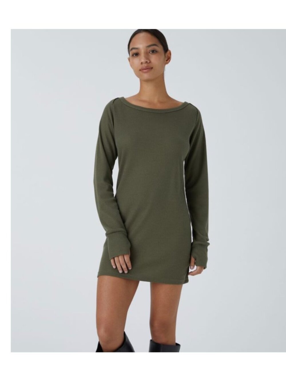 Halara M Boat Neck Olive Long Sleeve Waffle Knit Sweatshirt Dress With Thumb Hol